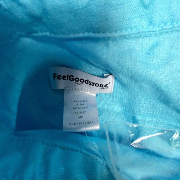 Feel Good Store Top Womens Button Down 3/4 Sleeve Linen Shirt Medium Blue New - Picture 3 of 8